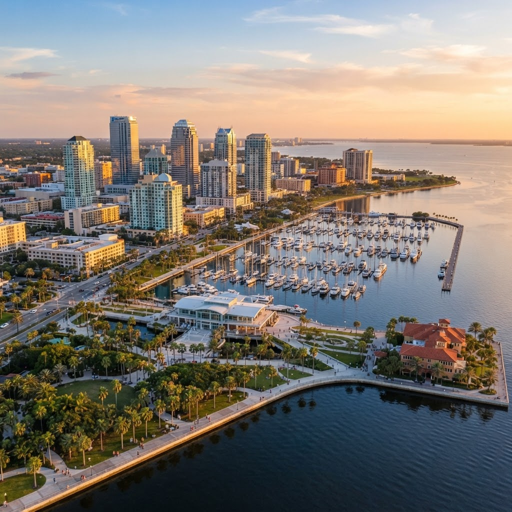Downtown Saint Petersburg waterfront skyline along Tampa Bay at golden hour